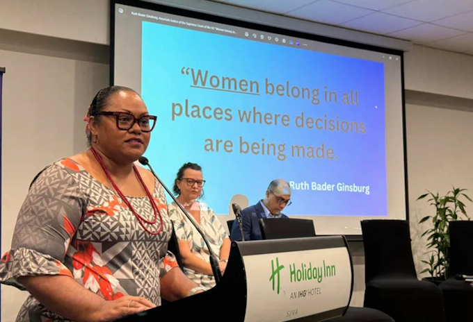 Fiji journalist Lice Movono speaking on a panel discussion about "Prevalence and Impact of sexual harassment on female journalists"