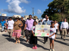 Hundreds of people marched in Majuro, capital of the Marshall Islands, on March 1