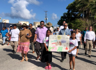 Hundreds of people marched in Majuro, capital of the Marshall Islands, on March 1