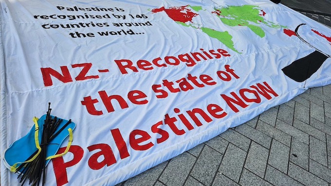 The map banner at today's Auckland rally showing NZ among a minority