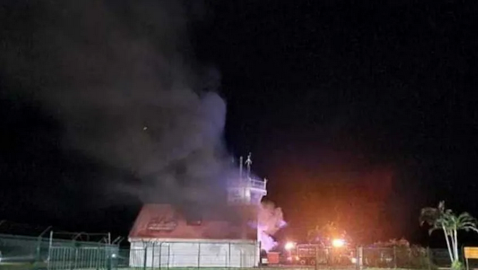 Touho airport control tower on fire