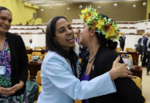 International Seabed Authority secretary-general-elect Leticia Carvalho (left) of Brazil is congratulated