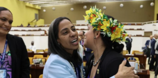 International Seabed Authority secretary-general-elect Leticia Carvalho (left) of Brazil is congratulated