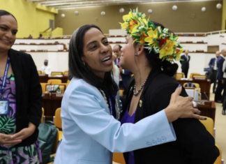 International Seabed Authority secretary-general-elect Leticia Carvalho (left) of Brazil is congratulated