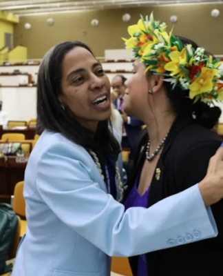 International Seabed Authority secretary-general-elect Leticia Carvalho (left) of Brazil is congratulated