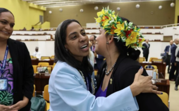 International Seabed Authority secretary-general-elect Leticia Carvalho (left) of Brazil is congratulated