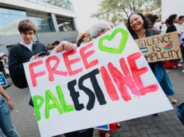 Students gather at Auckland University's city campus to rally against Israel's war on Gaza