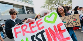 Students gather at Auckland University's city campus to rally against Israel's war on Gaza