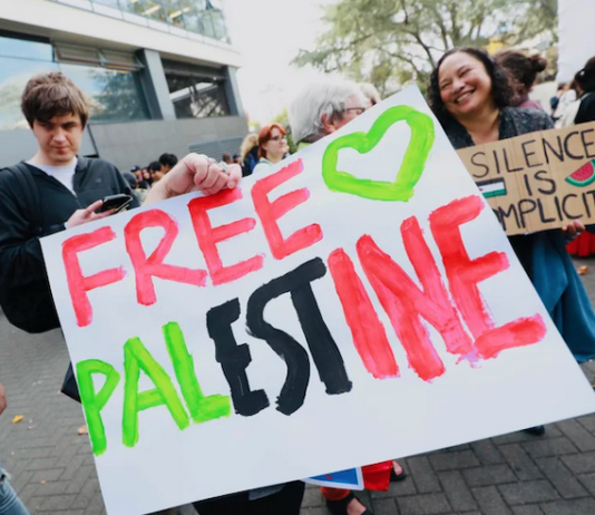 Students gather at Auckland University's city campus to rally against Israel's war on Gaza