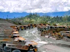 Idle trucks at Porgera mine in Papua New Guinea