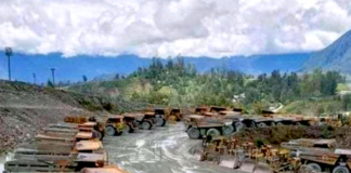 Idle trucks at Porgera mine in Papua New Guinea