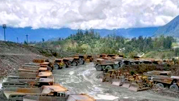 Idle trucks at Porgera mine in Papua New Guinea