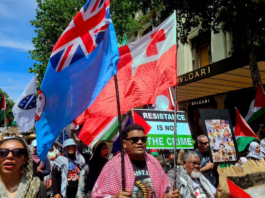 Pacific flags -- Fiji and Tonga -- and protesters in support of Palestine at a rally in New Zealand's largest city Auckland