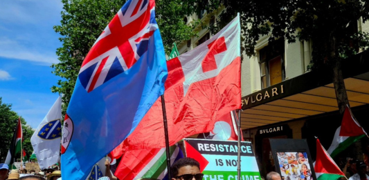 Pacific flags -- Fiji and Tonga -- and protesters in support of Palestine at a rally in New Zealand's largest city Auckland