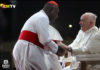 PNG's Catholic Archbishop of Port Moresby Cardinal Sir John Ribat welcomes Pope Francis during his four nation Pacific and Southeast Asian tour