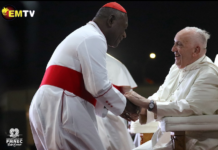 PNG's Catholic Archbishop of Port Moresby Cardinal Sir John Ribat welcomes Pope Francis during his four nation Pacific and Southeast Asian tour