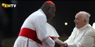 PNG's Catholic Archbishop of Port Moresby Cardinal Sir John Ribat welcomes Pope Francis during his four nation Pacific and Southeast Asian tour