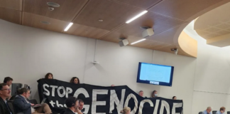 Christchurch citizens hold up a "Stop the genocide" banner before yesterday's council vote