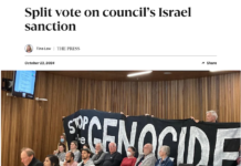 Palestine Solidarity Network Aotearoa (PSNA) national chair John Minto and University of Canterbury lecturer Dr Josephine Varghese speak at the Christchurch City Council meeting today