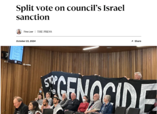 Palestine Solidarity Network Aotearoa (PSNA) national chair John Minto and University of Canterbury lecturer Dr Josephine Varghese speak at the Christchurch City Council meeting today