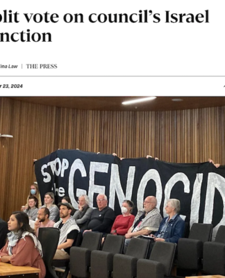 NZ’s third-largest city sanctions Israel over illegal Palestine settlements Palestine Solidarity Network Aotearoa (PSNA) national chair John Minto and University of Canterbury lecturer Dr Josephine Varghese speak at the Christchurch City Council meeting today
