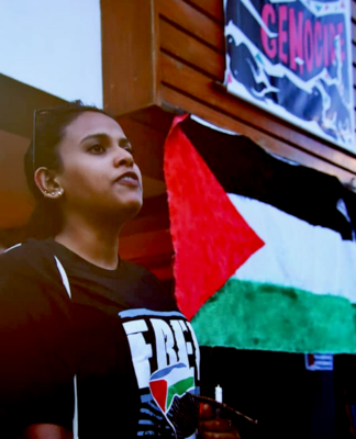 A Fiji protester at the weekly vigil for a Gaza ceasefire and decolonisation in Palestine, Kanaky and West Papua at the Fiji Women's Crisis Centre