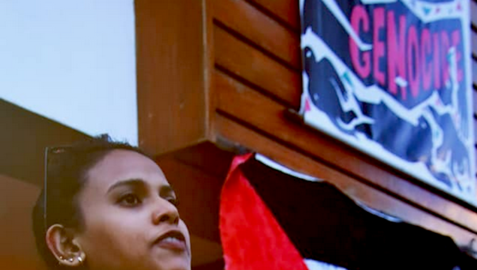 A Fiji protester at the weekly vigil for a Gaza ceasefire and decolonisation in Palestine, Kanaky and West Papua at the Fiji Women's Crisis Centre