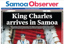 How the front page of today's Samoa Observer covered the arrival of King Charles