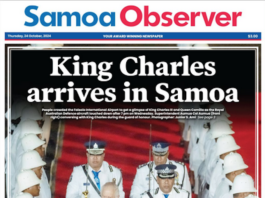 How the front page of today's Samoa Observer covered the arrival of King Charles