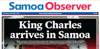 How the front page of today's Samoa Observer covered the arrival of King Charles