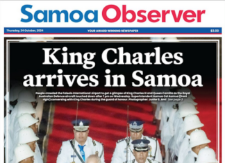 How the front page of today's Samoa Observer covered the arrival of King Charles