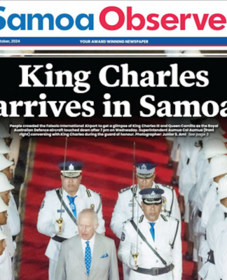 How the front page of today's Samoa Observer covered the arrival of King Charles