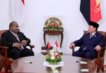 PNG Prime Minister James Marape (left) meeting with new Indonesian President Prabowo Subianto