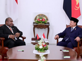 PNG Prime Minister James Marape (left) meeting with new Indonesian President Prabowo Subianto