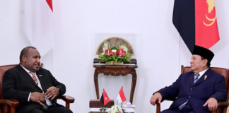 PNG Prime Minister James Marape (left) meeting with new Indonesian President Prabowo Subianto