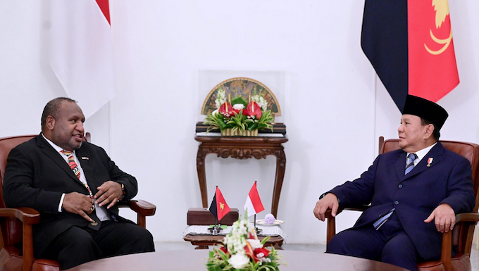 PNG Prime Minister James Marape (left) meeting with new Indonesian President Prabowo Subianto