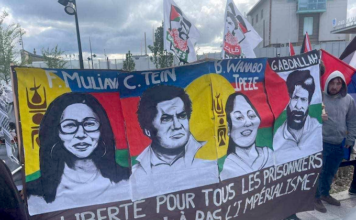 Protesters at Molodoï, Strasbourg, demanding the release of Kanak indigenous political prisoners being detained in France