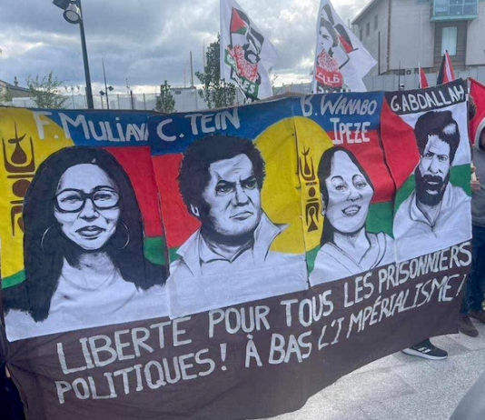 Protesters at Molodoï, Strasbourg, demanding the release of Kanak indigenous political prisoners being detained in France