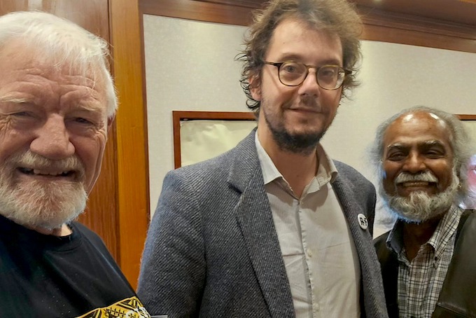 RSF director-general Thibaut Bruttin (centre) with correspondents Dr David Robie and Dr Joseph Fernandez