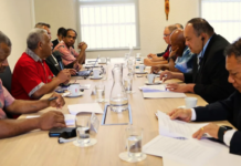 The Pacific Islands Forum's "Troika-Plus" leaders (right) hold a talanoa session with New Caledonia President Louis Mapou