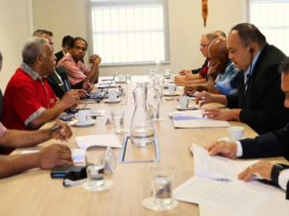 The Pacific Islands Forum's "Troika-Plus" leaders (right) hold a talanoa session with New Caledonia President Louis Mapou