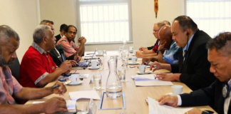 The Pacific Islands Forum's "Troika-Plus" leaders (right) hold a talanoa session with New Caledonia President Louis Mapou