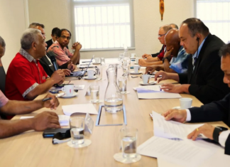 The Pacific Islands Forum's "Troika-Plus" leaders (right) hold a talanoa session with New Caledonia President Louis Mapou