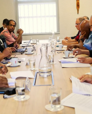 The Pacific Islands Forum's "Troika-Plus" leaders (right) hold a talanoa session with New Caledonia President Louis Mapou