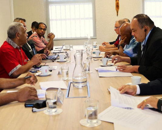 The Pacific Islands Forum's "Troika-Plus" leaders (right) hold a talanoa session with New Caledonia President Louis Mapou