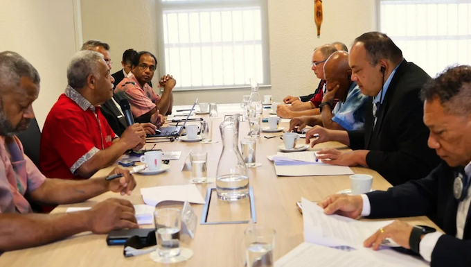 The Pacific Islands Forum's "Troika-Plus" leaders (right) hold a talanoa session with New Caledonia President Louis Mapou