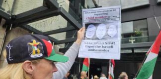 A New Zealand protester at a pro-Palestinian rally in Auckland on Saturday calling for immediate sanctions and the expulsion of the Israel ambassador