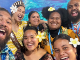 John Taukave (left) from the Micronesian Center for Sustainable Transport and Miss Samoa Litara Ieremia-Allan (second from left) at COP29