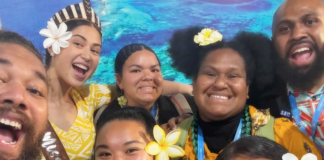 John Taukave (left) from the Micronesian Center for Sustainable Transport and Miss Samoa Litara Ieremia-Allan (second from left) at COP29