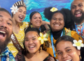 John Taukave (left) from the Micronesian Center for Sustainable Transport and Miss Samoa Litara Ieremia-Allan (second from left) at COP29